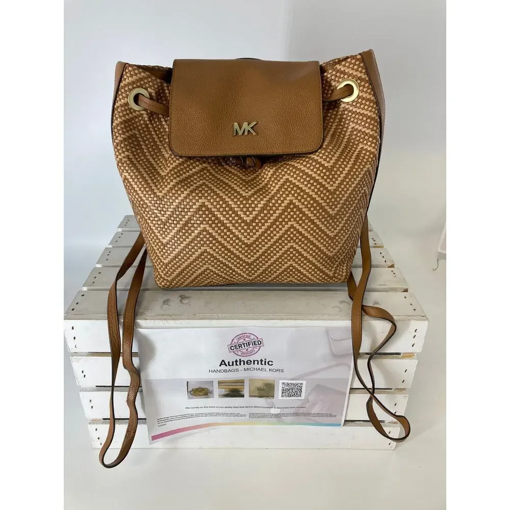 MICHAEL KORS WOVEN LEATHER BASKET WEAVE BROWN, TAN BACKPACK